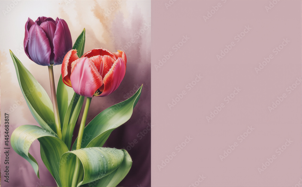 Painting of two tulips, one pink and one purple, with green leaves on a soft pastel background. Elegant floral arrangement, with space for text. Painting of two tulips, one pink and one purple, with green leaves on a soft pastel background. Elegant floral arrangement, with space for text.