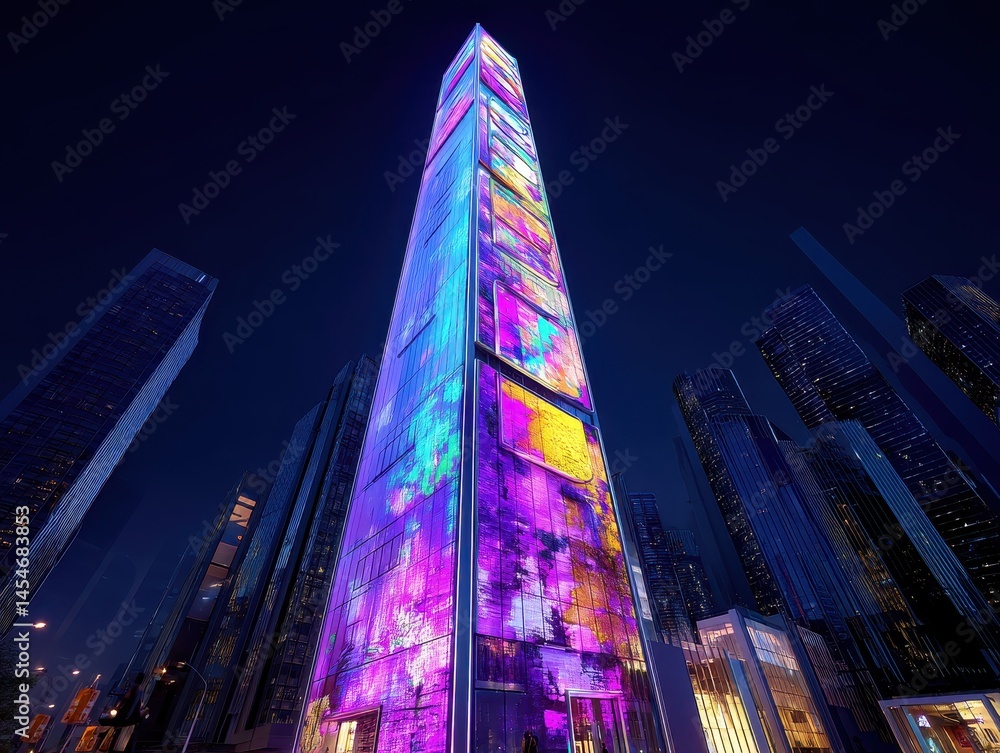 Obraz premium Illuminated skyscraper against the night sky. This modern architectural marvel uses vibrant colors, showcasing the beauty of urban design.