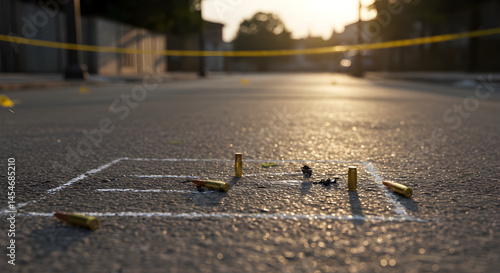 Crime Scene Wide Angle Shot Featuring Chalk Outline and Shell Casings on Asphalt Road at Sunset