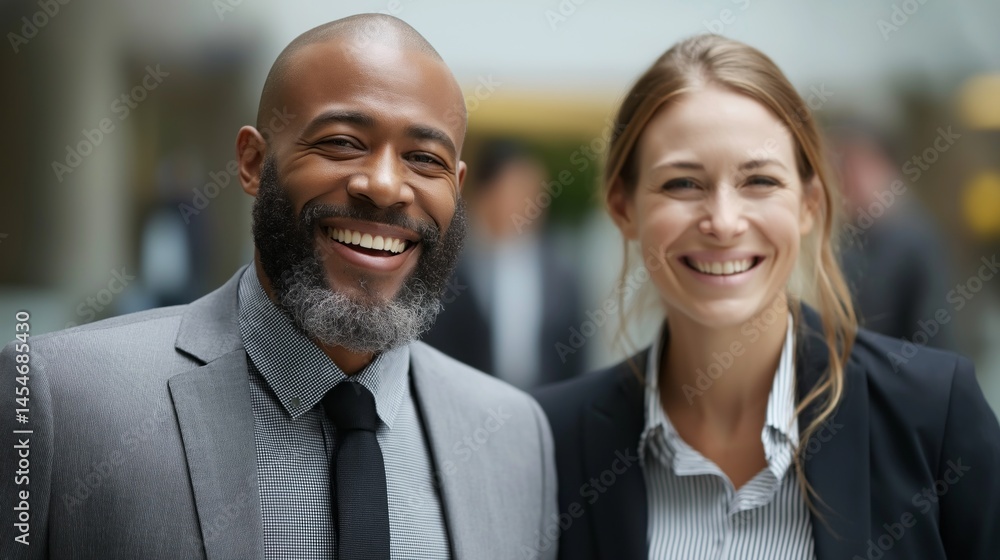 Two business professionals share a joyful moment in a corporate setting. They are smiling warmly, suggesting a friendly atmosphere during a networking event or meeting among colleagues Two business professionals share a joyful moment in a corporate setting. They are smiling warmly, suggesting a friendly atmosphere during a networking event or meeting among colleagues
