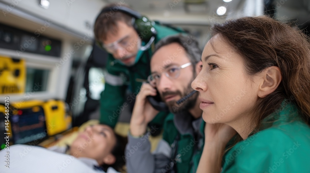 A paramedic team working on a patient lying on a stretcher in an ambulance using medical equipment and communicating swiftly.