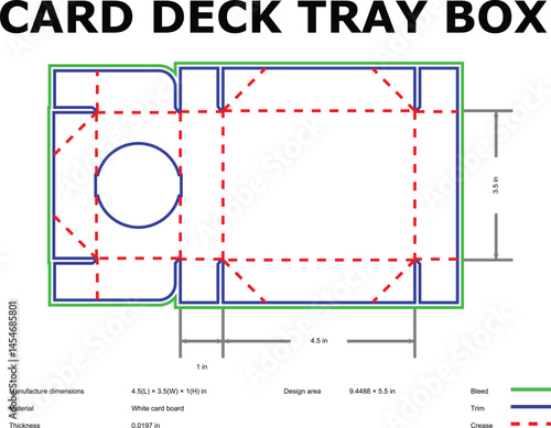 Detailed flat diagram of a diecut card deck tray box made from white cardboard materials used for packaging designs.