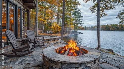 Autumn lakefront fire pit patio.  Relaxing outdoor seating area with a warm fire pit, perfect for fall evenings