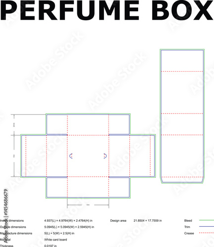 Detailed blueprint diagram for a perfume box showcasing dimensions and design specifications on white cardboard for efficient manufacturing.
