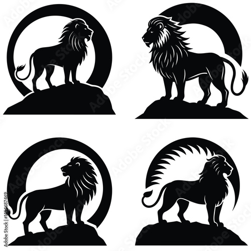 Regal Lion Silhouette Collection On Rock Outcrops Against Circular Backgrounds Vector Illustration