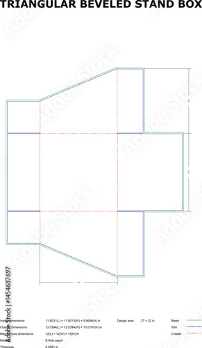 Vector illustration of a triangular beveled stand box diecut template with dimensions and measurement specifications.