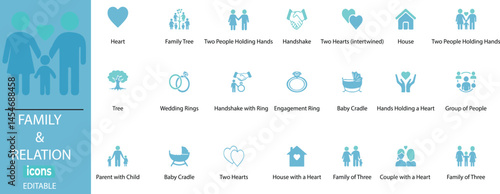 Family & relationship line icons - parents, kids, couples & pet vectors for social media, invitations & wall art designs.