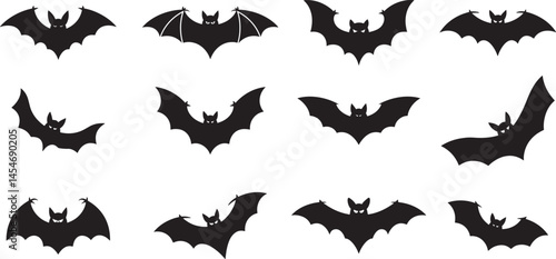 Collection Of Stylized Black Bat Silhouettes On A White Background For Halloween Themes