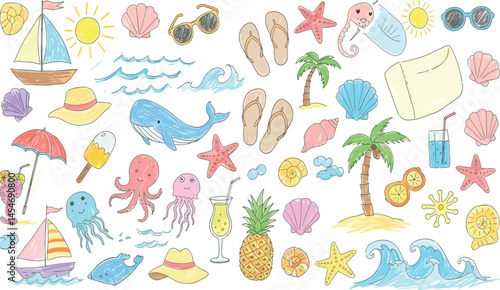 Kid summer beach crayon background. Doodle sea bg. Cute hand drawn sketch flower, sun, cloud, wave, palm, whale, beach umbrella, boat icon. Line crayon vector element.