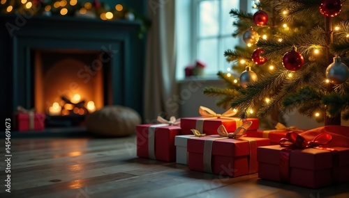 Christmas morning, presents under decorated tree , tradition, winter