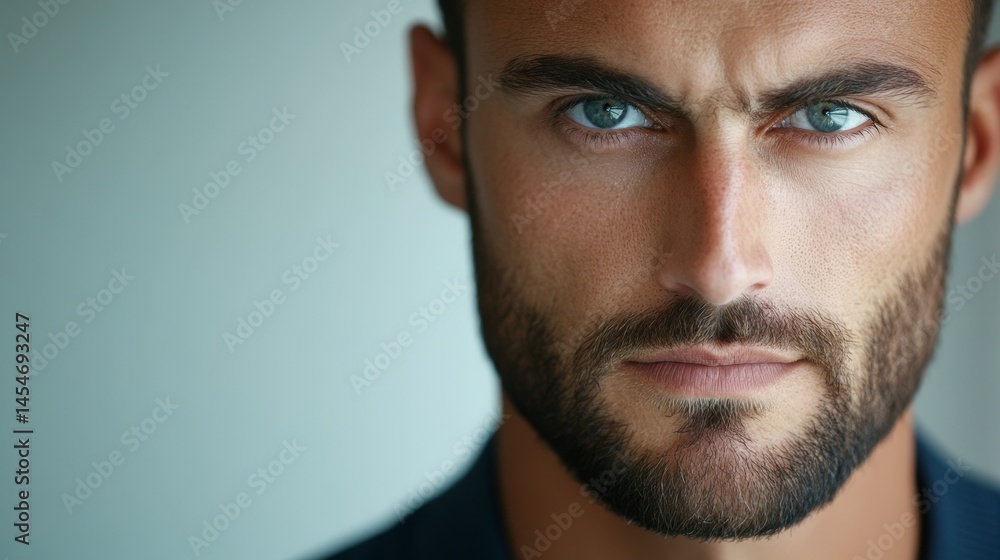 Fototapeta premium Intense close-up of a bearded man with vibrant blue eyes, showcasing captivating features and strong expression.