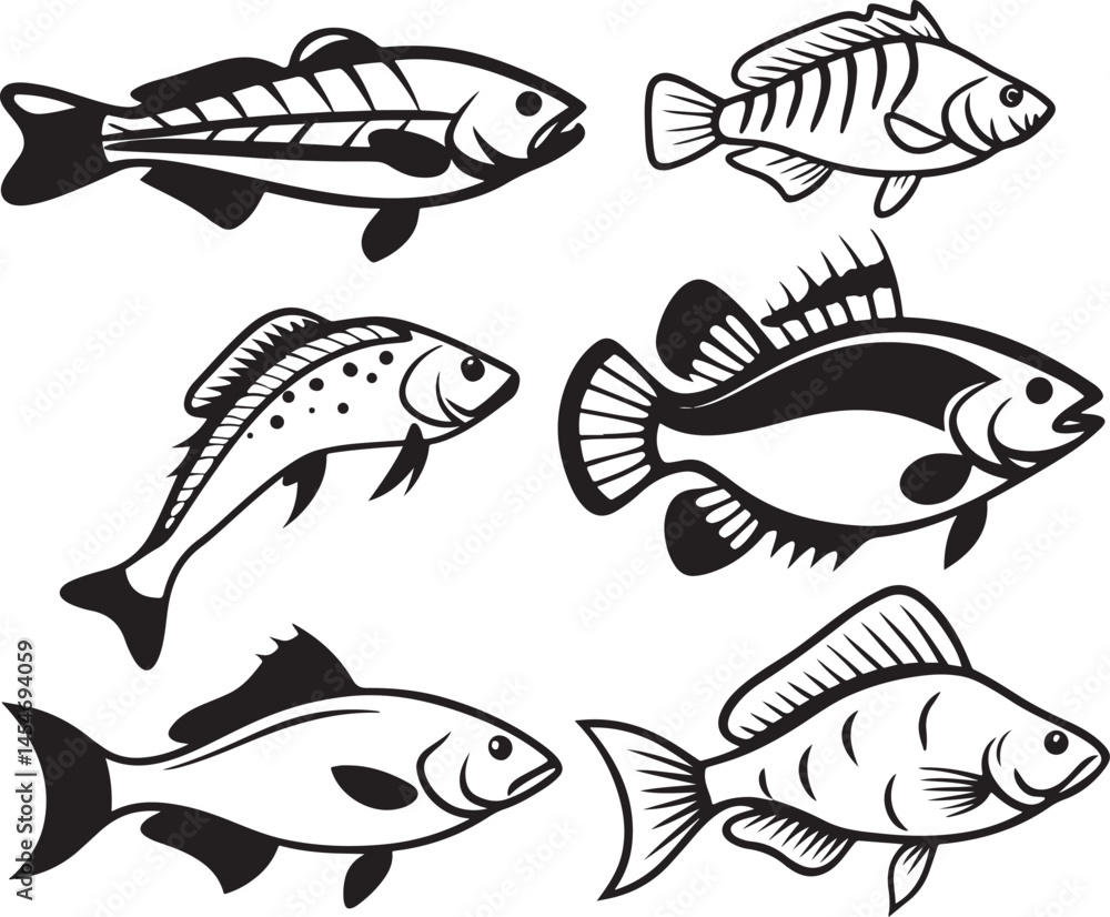 Naklejka premium fish items set line art design black and white.