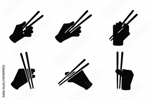 set of Hand Holding Chopsticks icon silhouette vector illustration