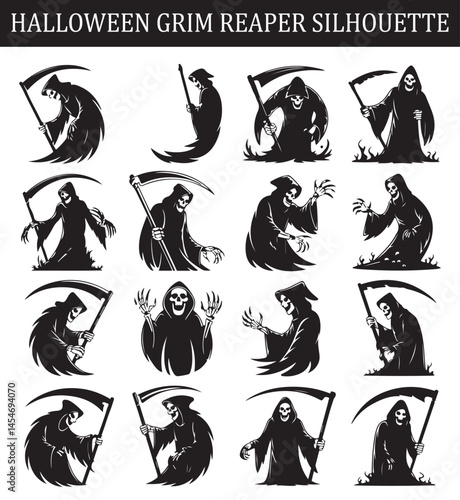 Collection of various black and white grim reaper icons in different poses, holding scythes and staffs for Halloween and spooky designs.