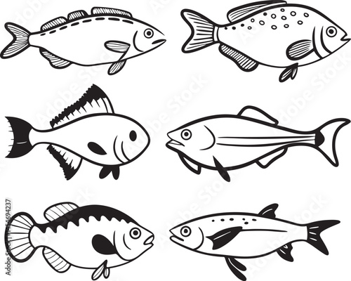 fish items set line art design black and white.
