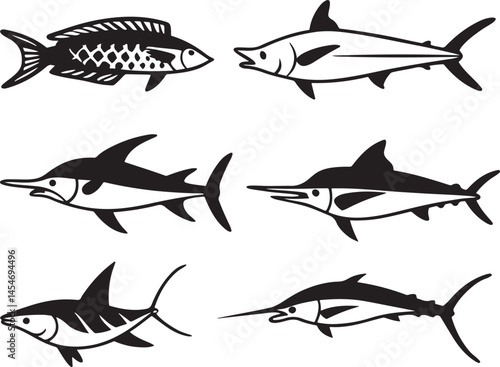 fish items set line art design black and white.