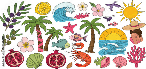 Italian or greek style vacation hand drawn vector illustrations in mixed media collage style with doodle sketch elements