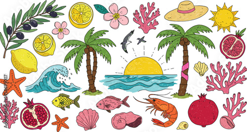 Italian or greek style vacation hand drawn vector illustrations in mixed media collage style with doodle sketch elements
