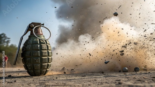 Hand Grenade Explosion on Battlefield with Smoke and Debris
