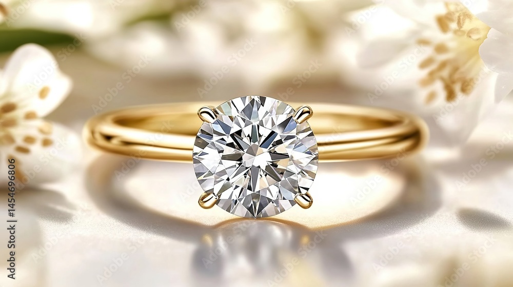 A gold ring with a sparkling diamond, placed on a light - colored background, adorned with white flowers, showcasing its elegance and delicacy. A gold ring with a sparkling diamond, placed on a light - colored background, adorned with white flowers, showcasing its elegance and delicacy.