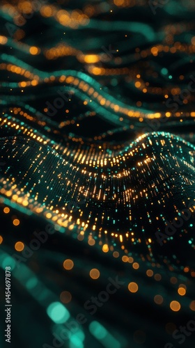 Glowing, flowing, abstract dark green and gold wave pattern