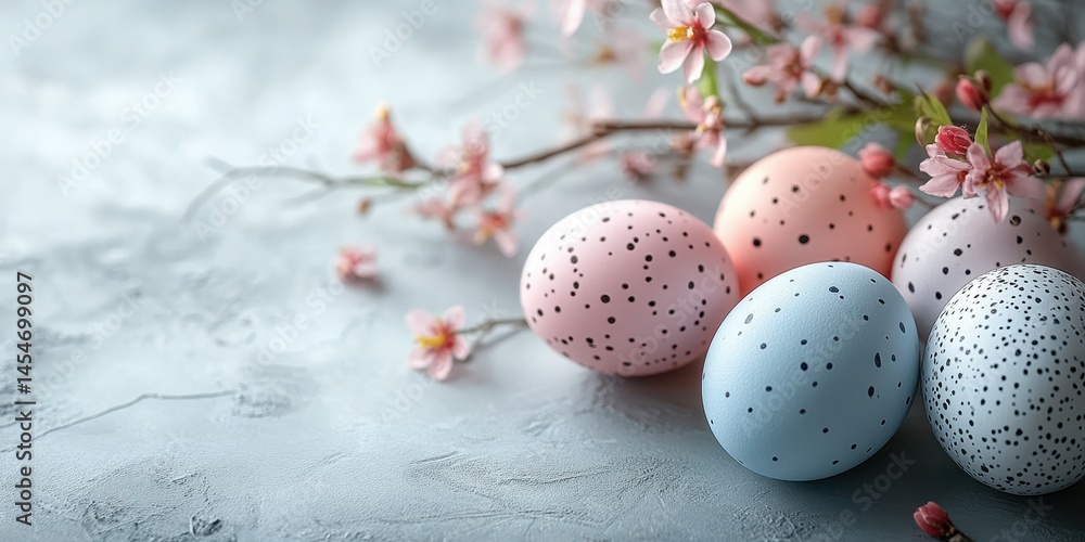 Colorful speckled eggs arranged with cherry blossoms on a textured surface during springtime celebration Colorful speckled eggs arranged with cherry blossoms on a textured surface during springtime celebration