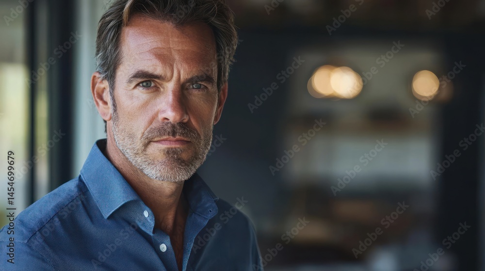 Mature man with light stubble, blue button-up shirt, serious look, soft lighting, neutral tone Mature man with light stubble, blue button-up shirt, serious look, soft lighting, neutral tone
