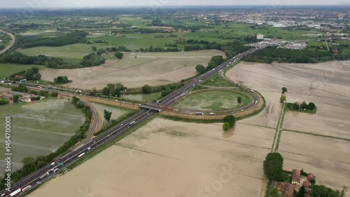 Aerial view of the Secchia river: emergency flood flooding disaster of 05/13/2019 near Campogalliano, Modena - Italy