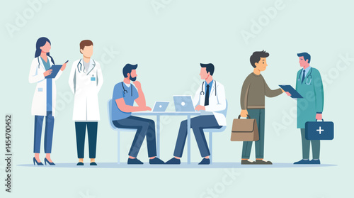 Medical scene illustration showing doctor consultations, nurse assistance, pharmacy service, dental care, child treatment, and healthcare hygiene practices