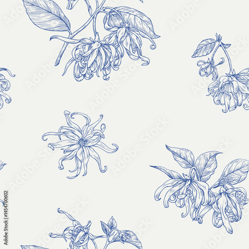 Ylang Ylang flowers, floral seamless pattern. Hand drawn engraved graphics elements. Toile blue beige. Vintage Vector botanical illustration for packaging design, cosmetics, branding, fashion apparel