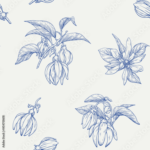 Ylang Ylang flowers and twigs, floral seamless pattern. Hand drawn engraved graphics elements. Toile blue and beige. Vector botanical illustration for design cosmetic, perfumery, package, branding