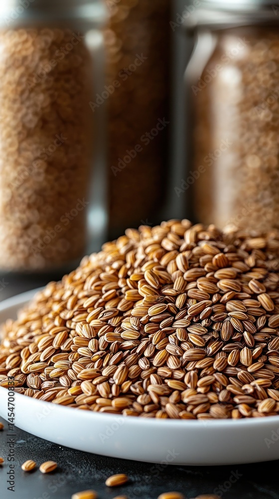Obraz premium Golden seeds piled high on dish, jars filled behind