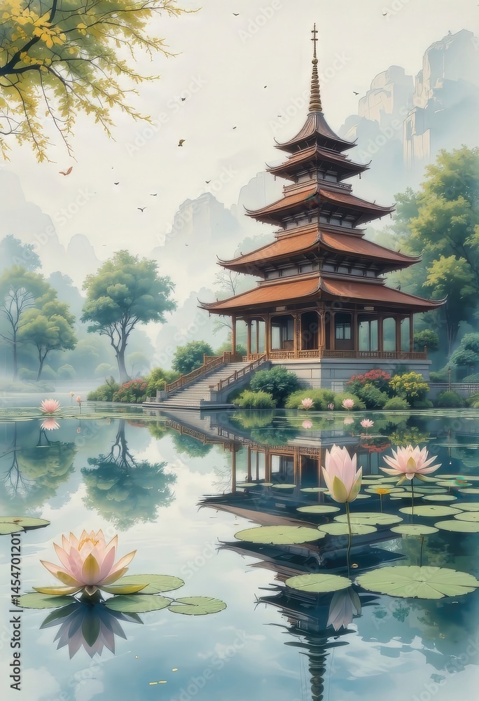 Obraz premium Serene Pagoda by the Lake A Peaceful Asian Landscape