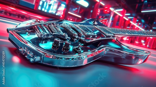 Shiny electric guitar in a vibrant nightclub setting.