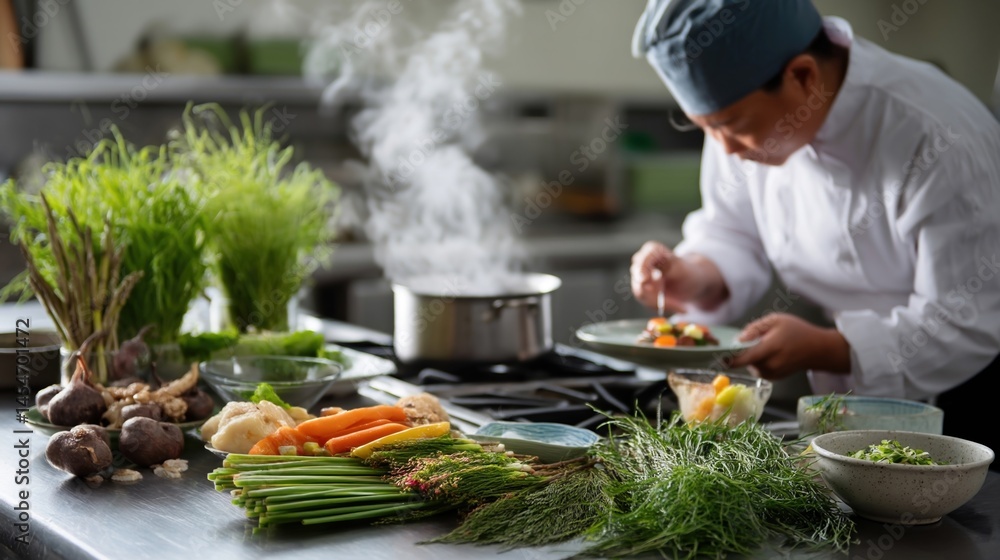 Fresh vegetables and herbs are arranged on a stainless steel kitchen counter while a chef works on a dish in the background, creating a scene of culinary preparation and healthy eating