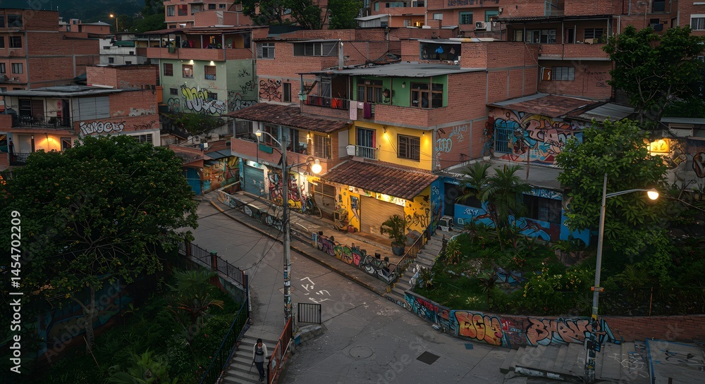 Obraz premium Cityscape in Colombia at Dusk with Brick Buildings and Graffiti