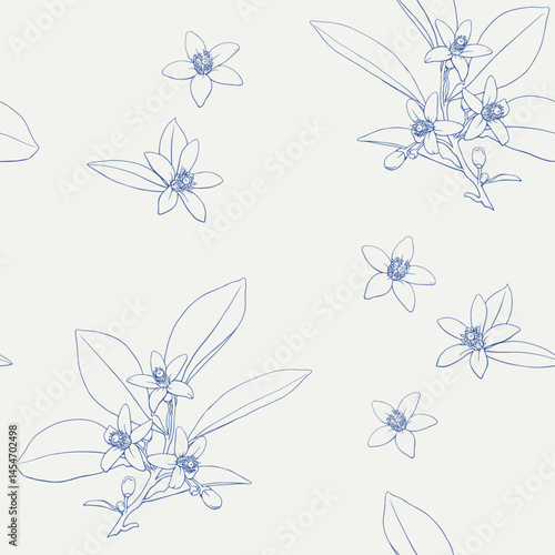 Neroli flowers Line art Vector seamless pattern. Blue beige Citrus twigs. Hand drawn botanical illustrationfor for packaging design, wrapping paper, fashion apparel, wedding, cosmetics, perfumery