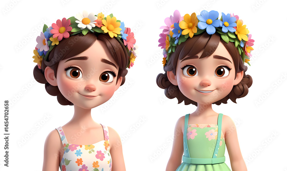 3d rendering cute girl cartoon characters wearing a flower crown isolated on transparent background, PNG file add 3d rendering cute girl cartoon characters wearing a flower crown isolated on transparent background, PNG file add