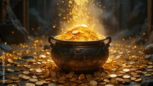 Gold pot overflowing with coins illustrating wealth abundance and financial concepts in a dark setting depicting monetary value investment and treasure for commercial uses