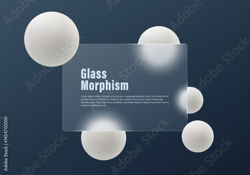 Translucent rectangular glass panel with smooth white 3D spheres floating over a dark blue gradient background, clean minimal vector composition.