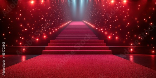 Elegant red carpet stairs adorned with bright lights create a glamorous atmosphere for events or performances at night