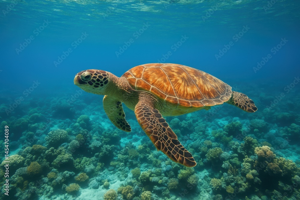 Fototapeta premium A sea turtle swimming among clear water and coral
