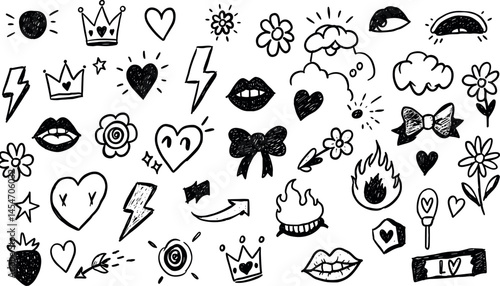Punk girl doodle grafitti. Bow girly tattoo. Cute crayon heart, cherry, bow. Rock star vintage grunge vector. Punk tattoo icon set. Sketch scribble shape. Chalk ribbon flower kiss