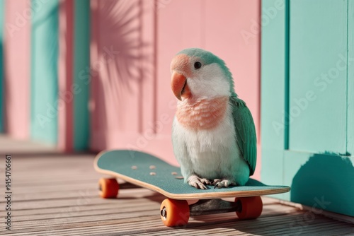 A Princess Parrot on a Skateboard, in Outdoors, Stock Photo, Photography