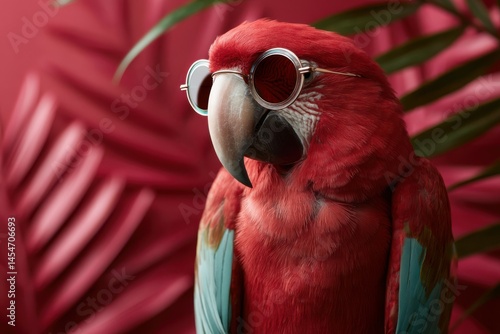 Red Macaw Parrot in Sunglasses, Tropical Background, Stock Photo, Photography