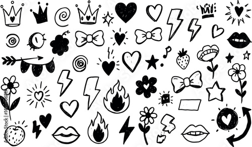 Punk girl doodle grafitti. Bow girly tattoo. Cute crayon heart, cherry, bow. Rock star vintage grunge vector. Punk tattoo icon set. Sketch scribble shape. Chalk ribbon flower kiss