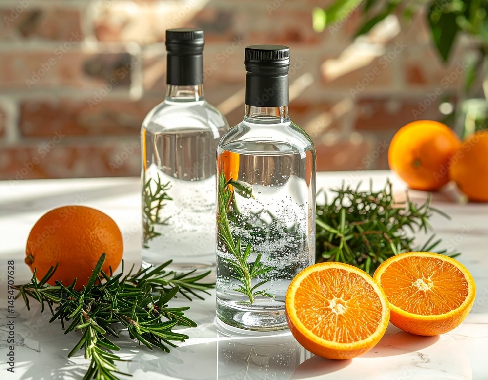 Product-focused photo of a gin bottle with fresh herbs surrounding it, such as juniper, rosemary, and orange, taken on a marble table. Product-focused photo of a gin bottle with fresh herbs surrounding it, such as juniper, rosemary, and orange, taken on a marble table.