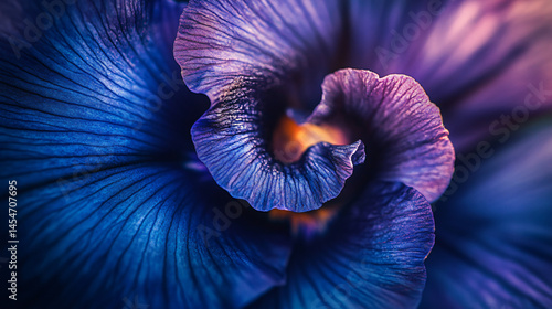 A macro photograph of a deep indigo iris with swirling light patterns resembling a cosmic storm.