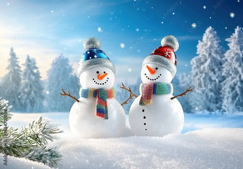 Obraz premium Two snowmen in a snowy forest under a starry sky with bright sunlight.