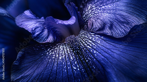 A macro photograph of a deep indigo iris with swirling light patterns resembling a cosmic storm.